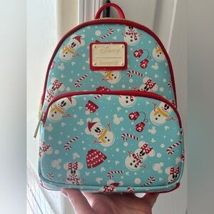 Disney Loungefly Snowman Minnie and Mickey Backpack - Light Blue and Red